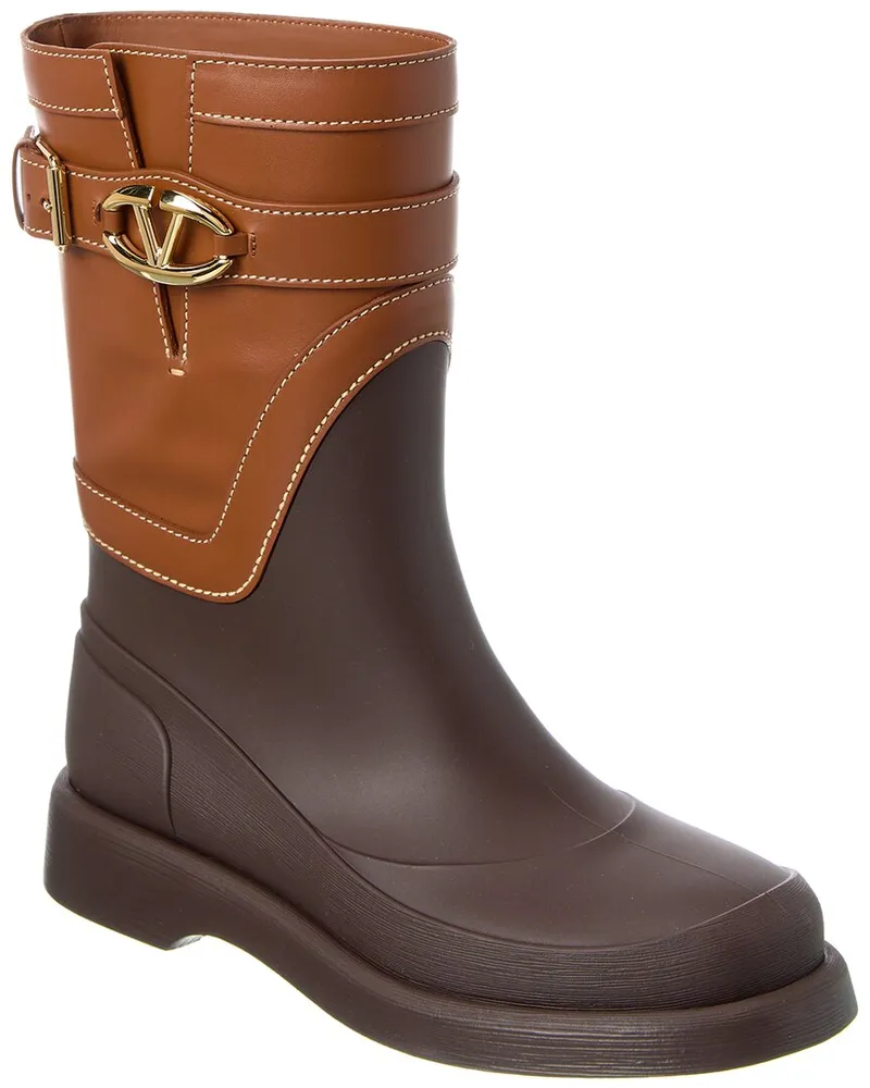 Valentino Garavani VLogo Rubber & Leather Rain Boot Brown
