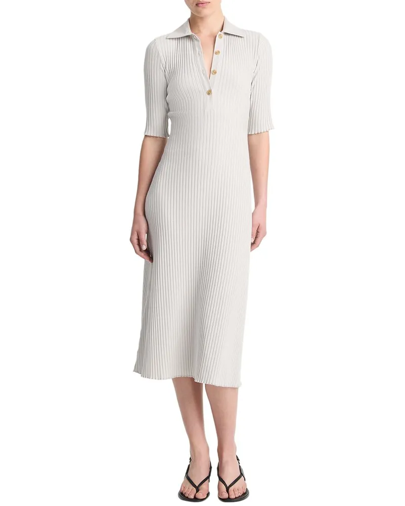 Vince Rib Elbow-Sleeve Polo Midi Dress Green