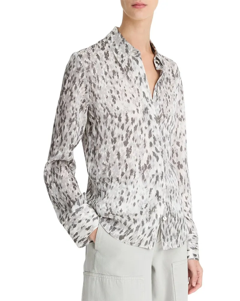 Vince Abstract Onyx Slim Fit Satin Silk Shirt Grey