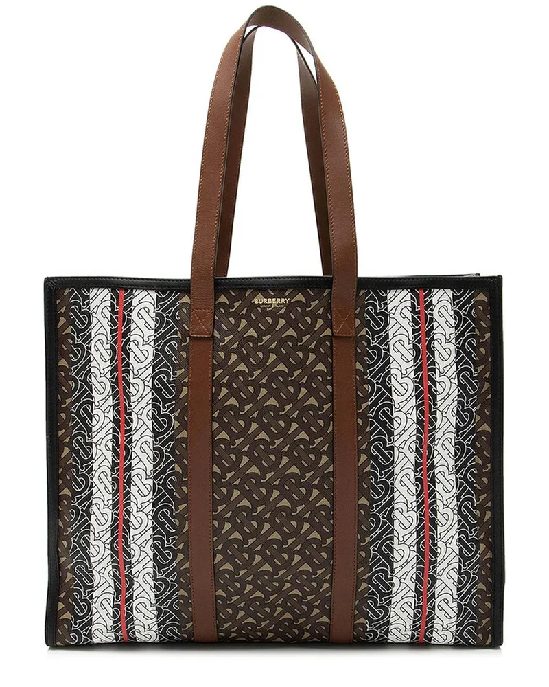 Burberry Black Leather & E-Canvas TB Monogram Stripe Medium Book Tote  (Authentic Pre-Loved Nocolor