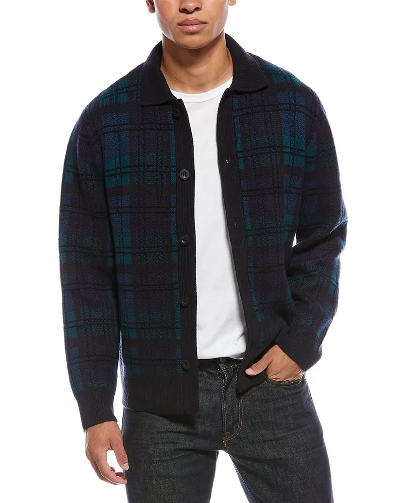 Vince Plaid Button-Down Wool & Cashmere-Blend Cardigan Blue
