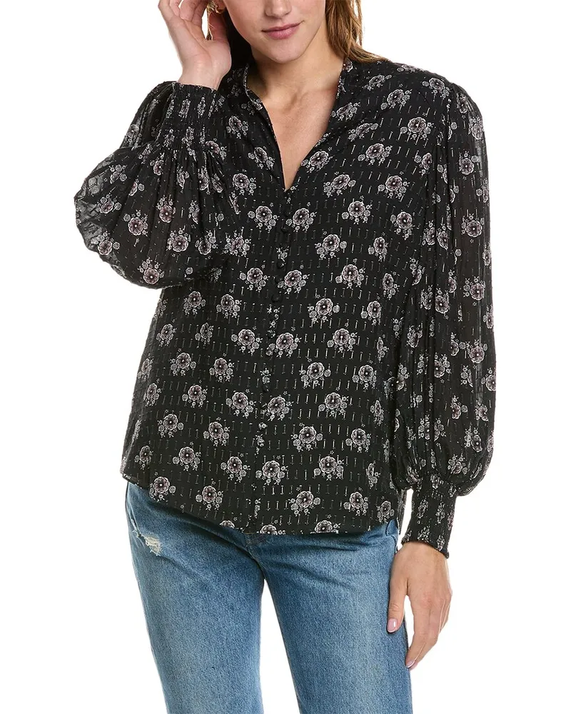 Elie Tahari Split Neck Silk-Blend Top Black