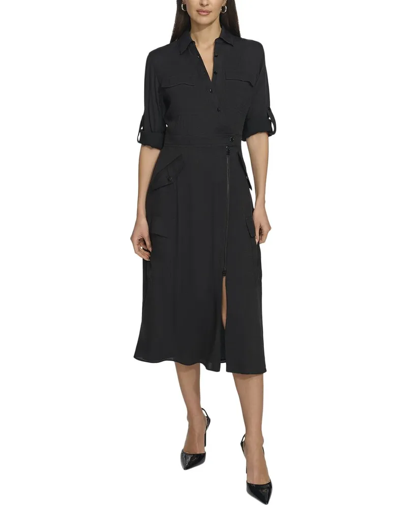 DKNY Long Sleeve Silky Cargo Midi Dress Black