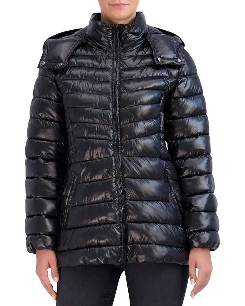 COLE HAAN Pearlized Hooded Puffer Jacket Black