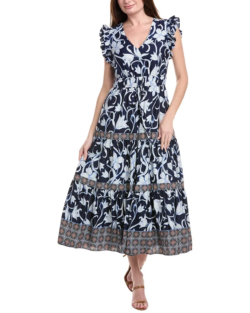 Anne Klein Printed Drawstring Waist Maxi Dress Blue