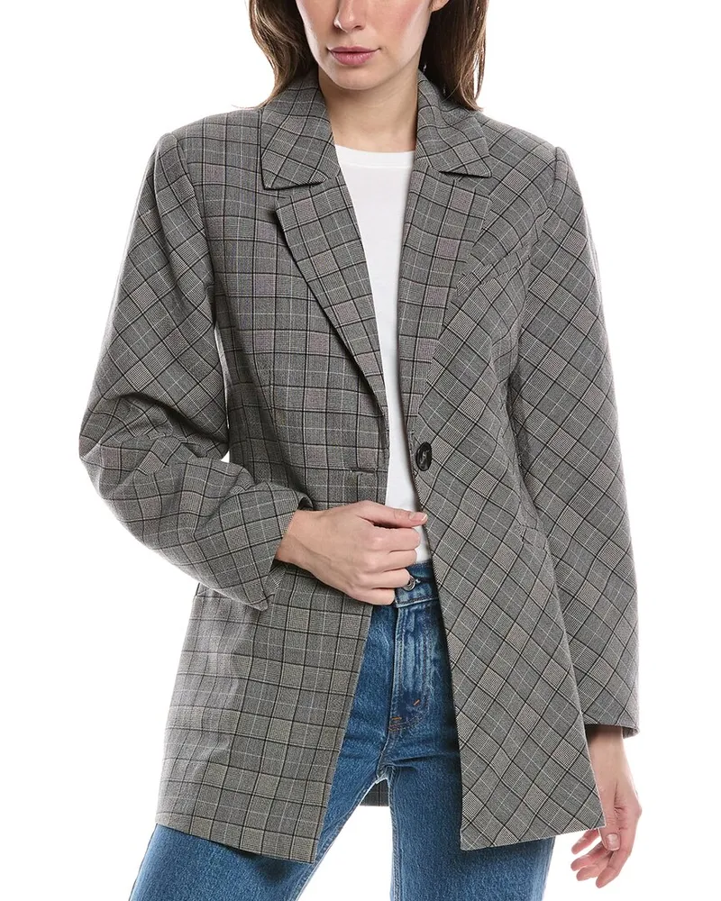 Ganni Check Mix Fitted Wool-Blend Blazer Grey