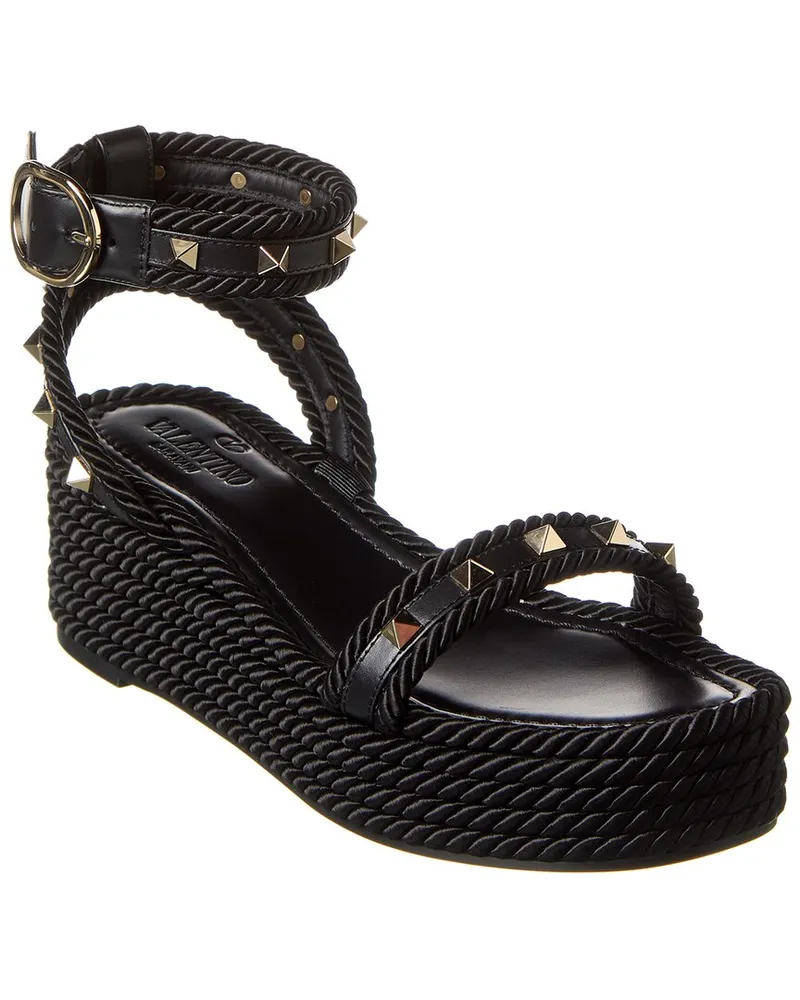 Valentino Garavani Rockstud 45 Rope & Leather Wedge Sandal Black