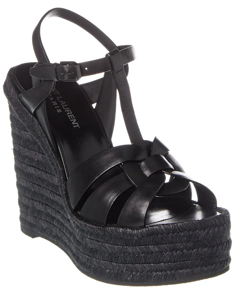 Saint Laurent Tribute 85 Leather Espadrille Wedge Sandal Black