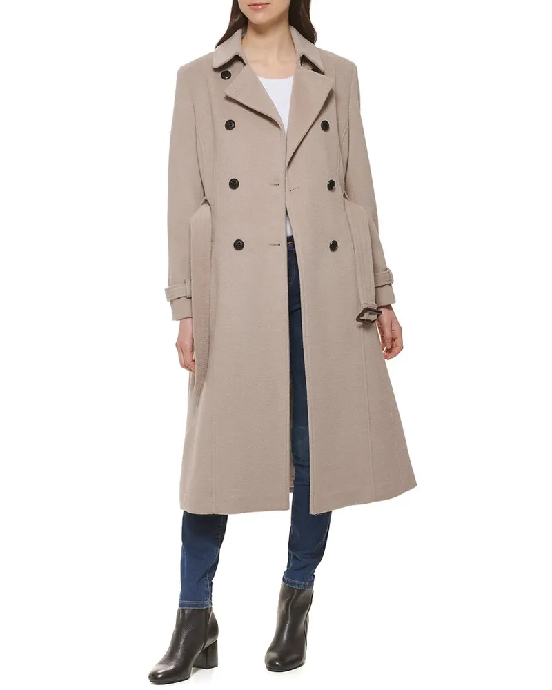 COLE HAAN Slick Wool-Blend Flared Trench Coat Grey