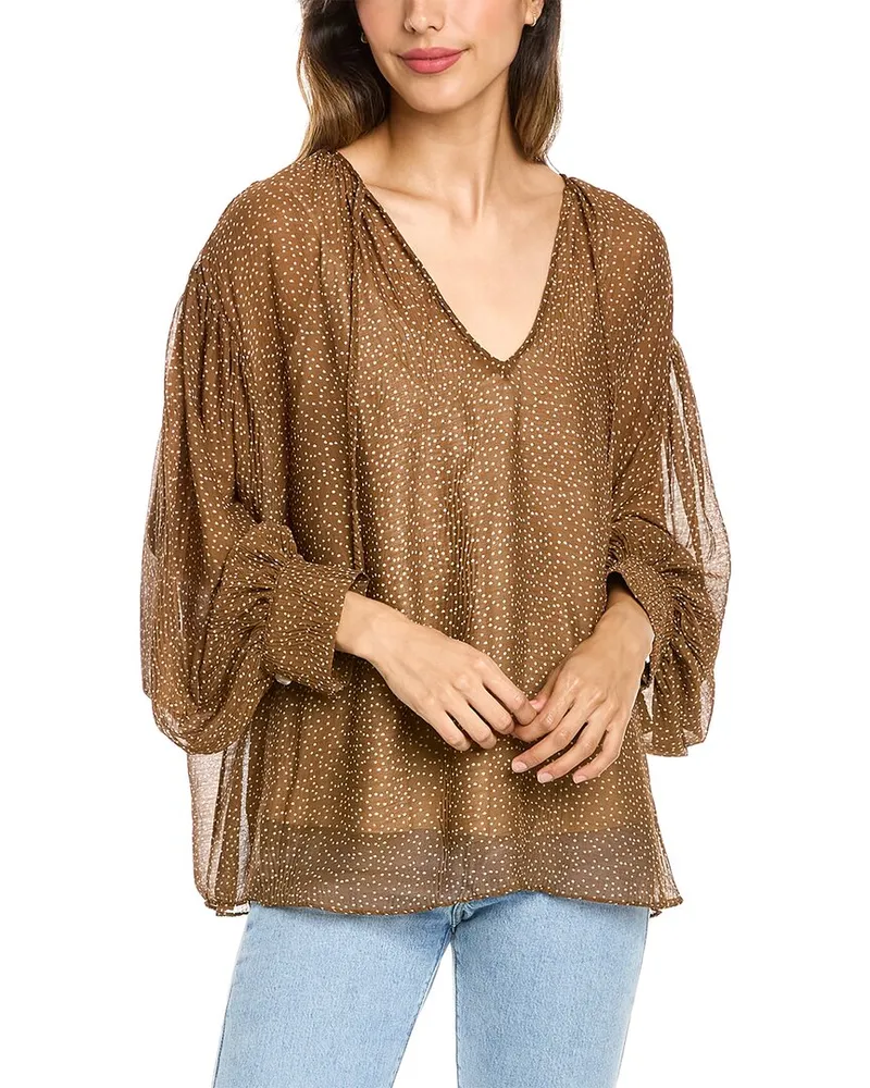Vince Starry Dot Shirred Neck Blouse Brown