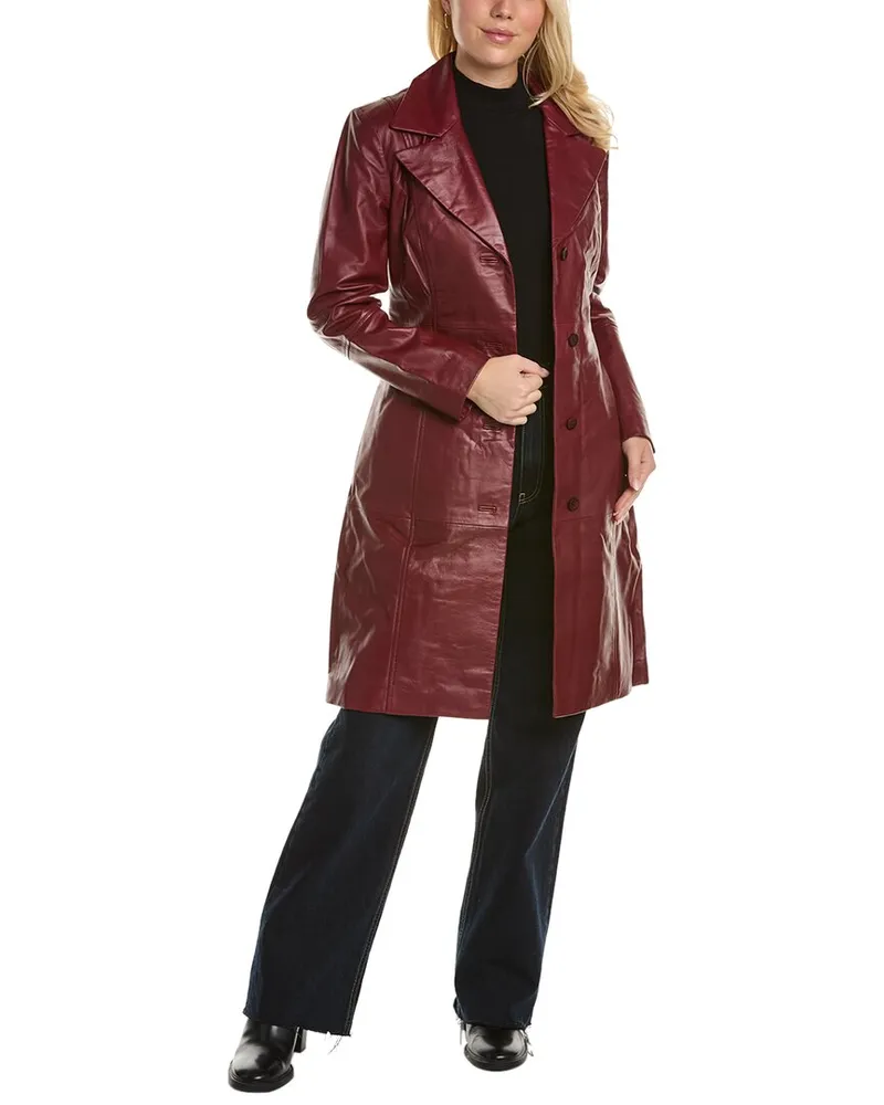 Badgley Mischka Triss Double-Breasted Leather Trench Coat Red