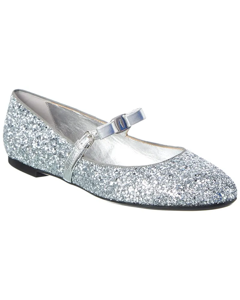 Ferragamo Lizz Glitter & Leather Ballet Flat Silver