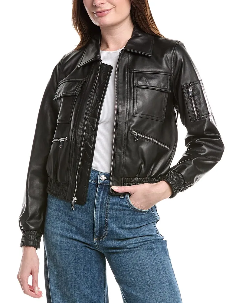Sam Edelman Leather Bomber Jacket Black