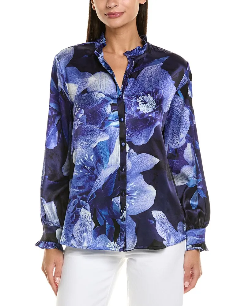 Johnny Was Ruffle Collar Silk Blouse Blue