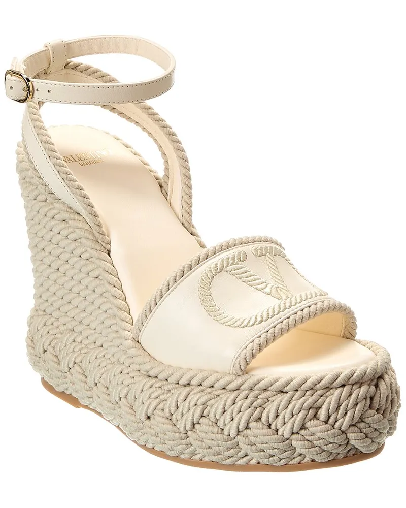 Valentino Garavani VLogo Silk Torchon 130 Leather Wedge Sandal White