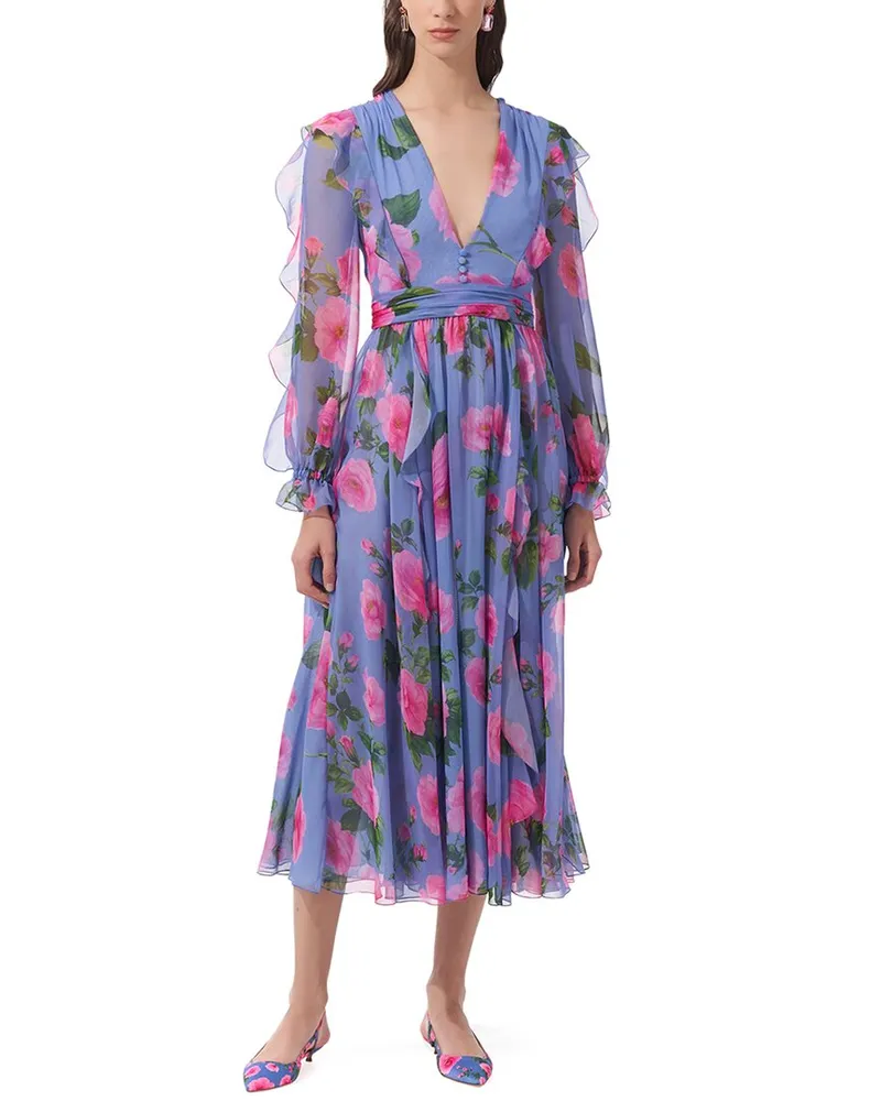 Carolina Herrera New York Deep V Ruffled Silk Midi Dress Purple