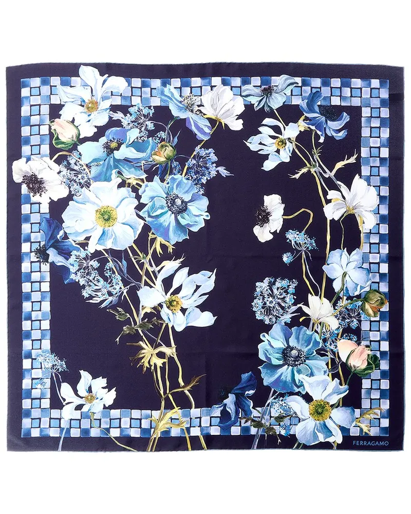 Ferragamo Fiori Print Silk Scarf Blue