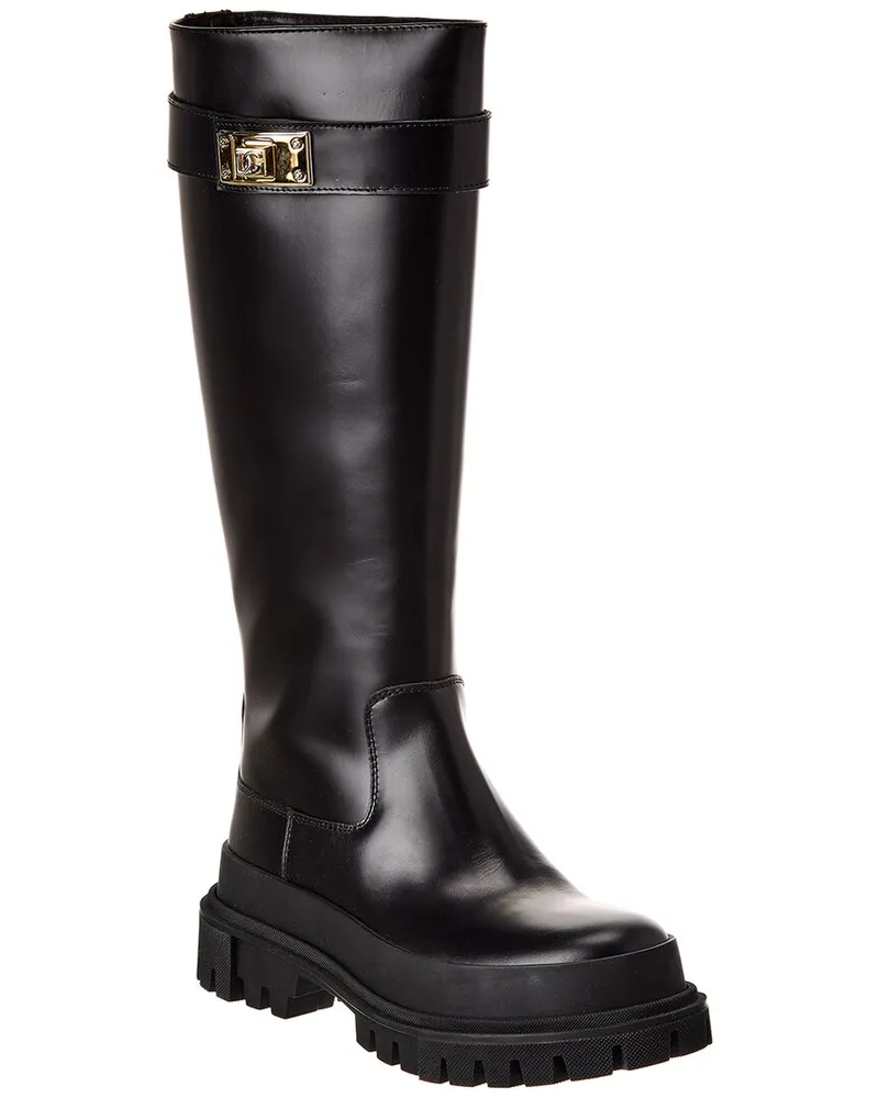 Dolce & Gabbana Branded Strap Leather Knee-High Boot Black