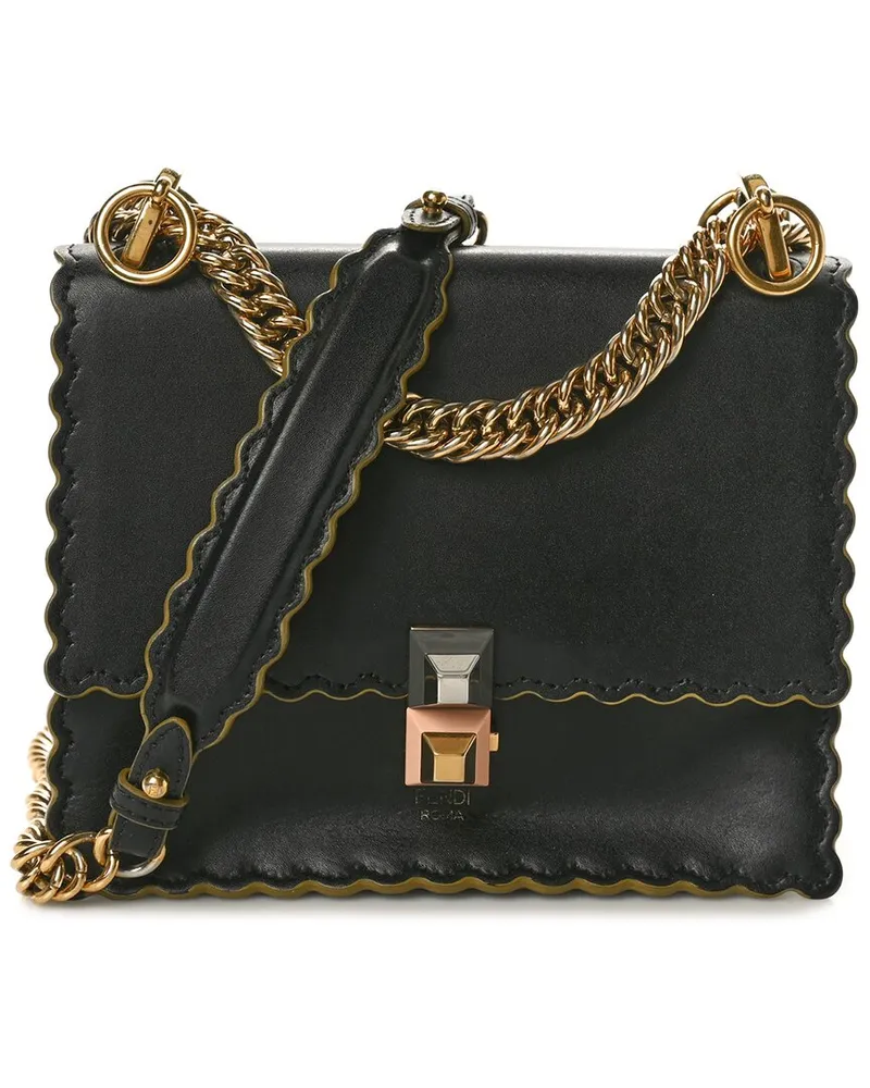 Fendi Black Vitello Liberty Leather Scalloped Studded Small Kan I Shoulder Bag  (Authentic Pre-Loved Nocolor