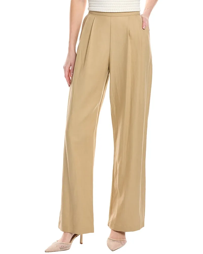 Enza Costa Twill Pleated Linen-Blend Pant Brown