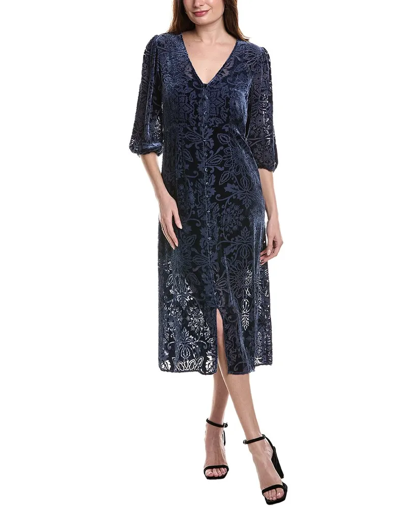 Johnny Was Ryan Velvet Burnout Silk-Blend Shirtdress Blue