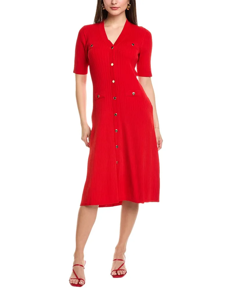 Anne Klein Rib Button Front A-Line Dress Red