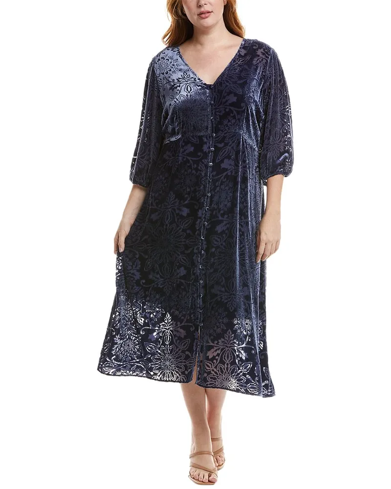Johnny Was Plus Ryan Burnout Velvet Silk-Blend Midi Dress Blue