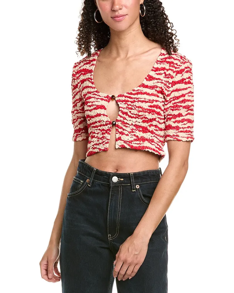 Ganni Printed Light Georgette Cropped Blouse Red