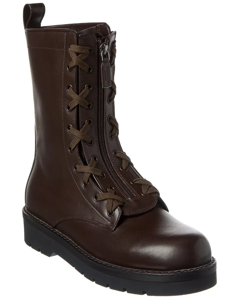 Valentino Garavani Rockstud Leather Combat Boot Brown