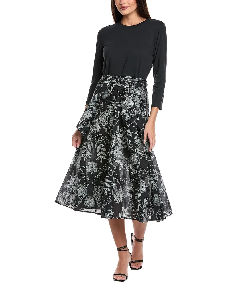 Johnny Was Mixed Media Wrap Tie Midi Dress Black