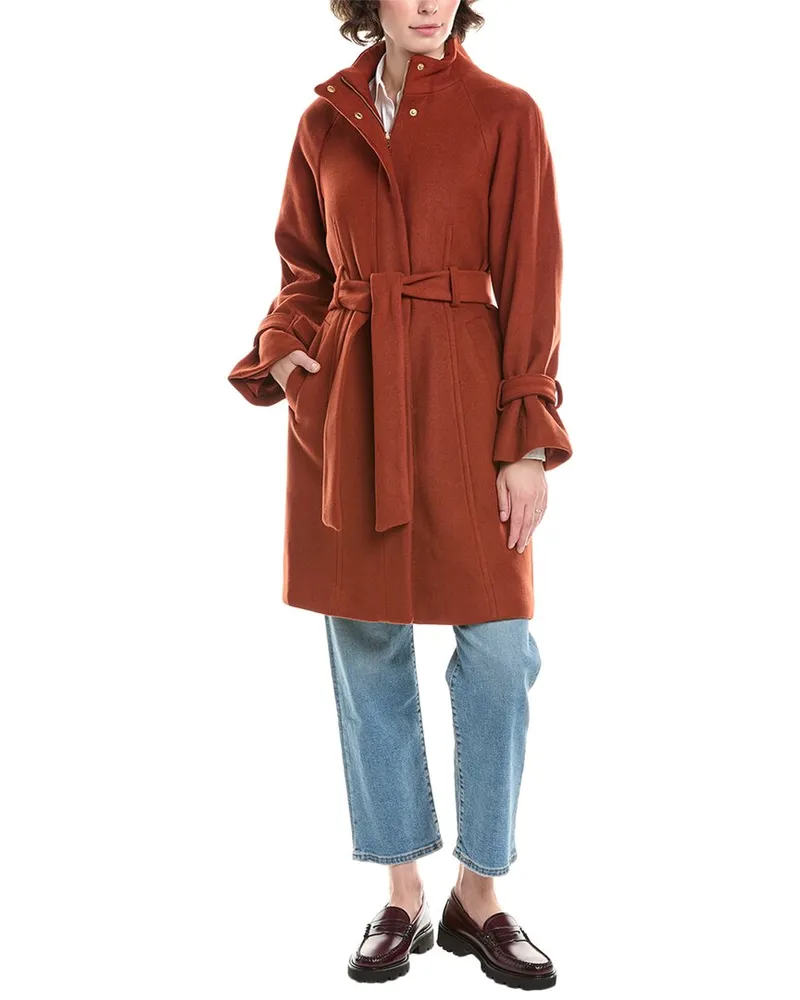 COLE HAAN Wool-Blend Belted Walker Coat Orange