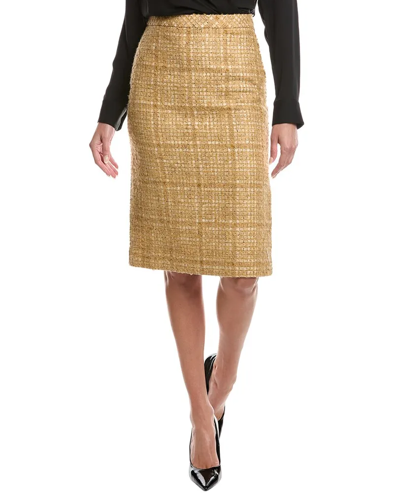 ST. JOHN Check Tweed Wool-Blend Skirt Brown