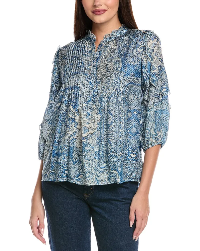 Johnny Was Zeeland Silk Blouse Blue