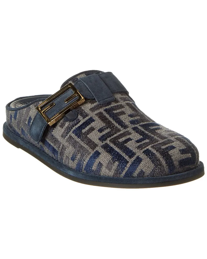 Fendi FF Logo Jacquard & Suede Mule Blue