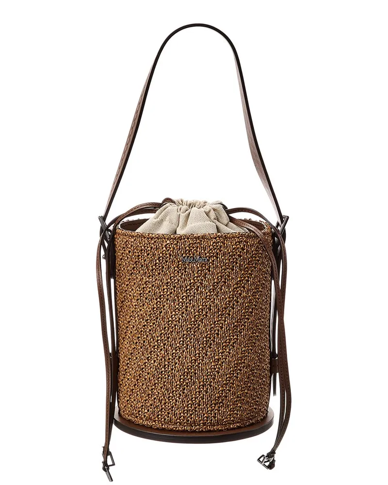 Max Mara Logo Plaque Leather-Trim Bucket Bag Brown