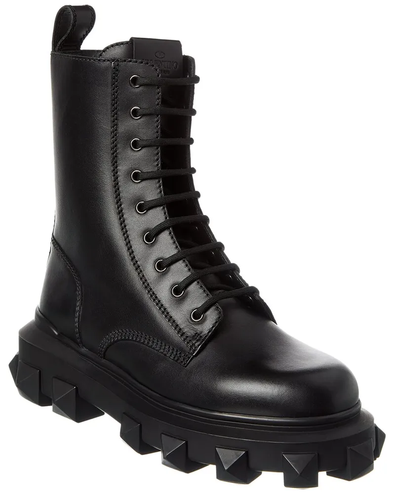 Valentino Garavani Roman Stud Leather Combat Boot Black
