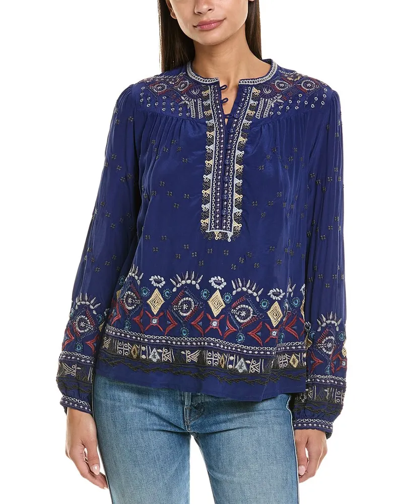 Johnny Was Forest Fern Silk Blouse Blue