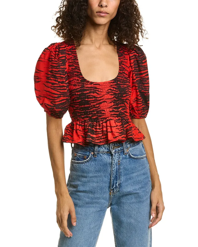 Ganni Cropped Smocked Blouse Red