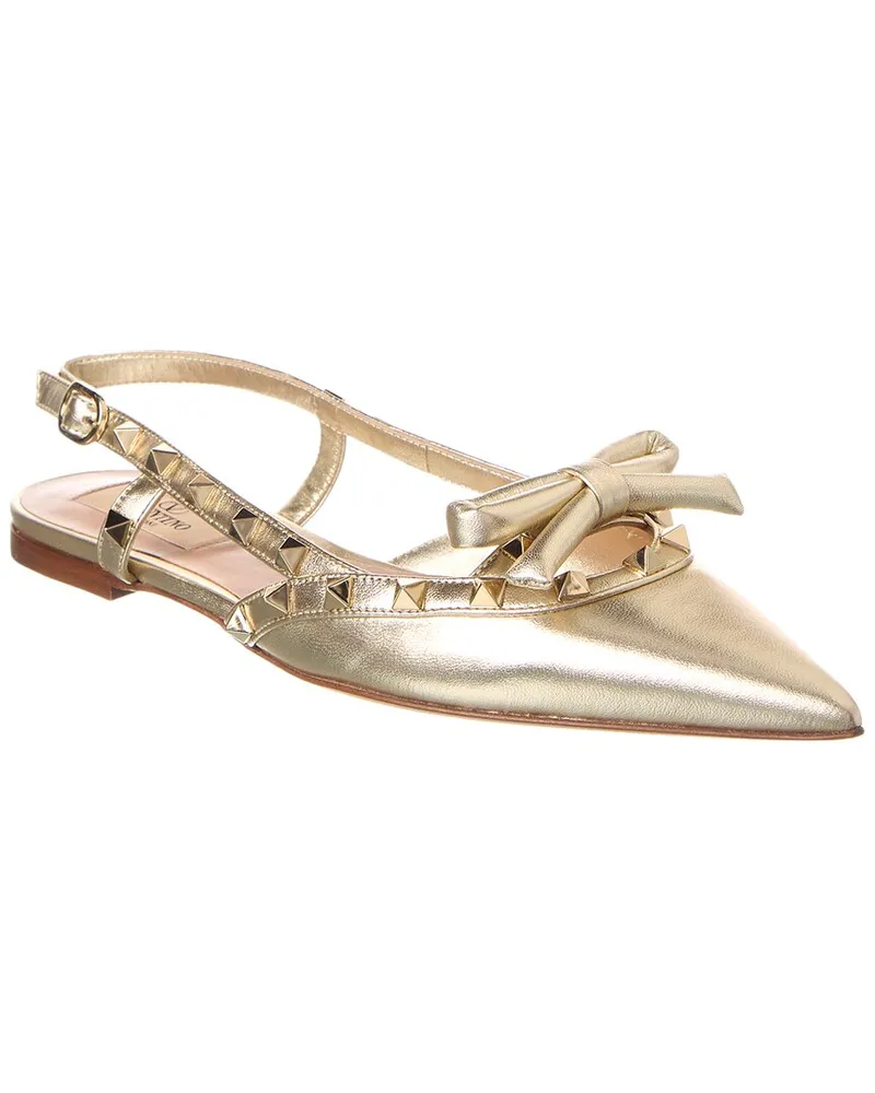 Valentino Garavani Rockstud Bow Leather Slingback Ballerina Flat Gold