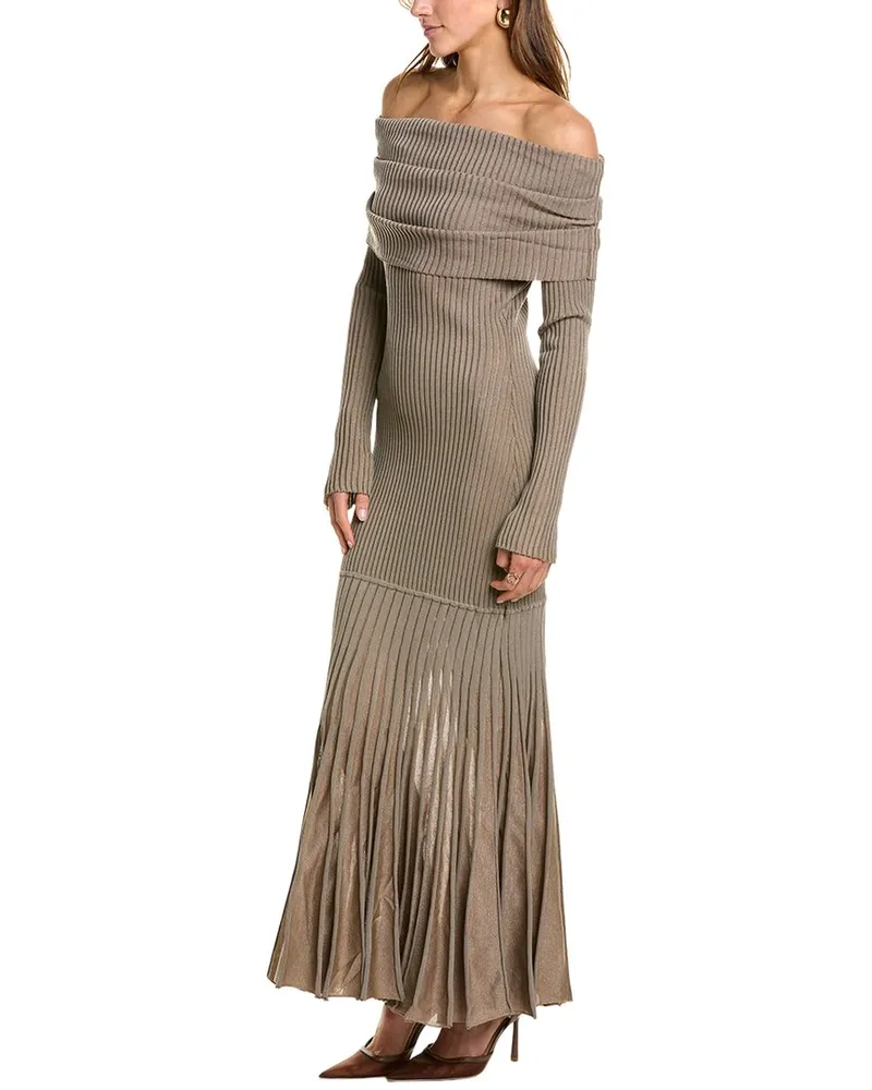 NICHOLAS Maxine Off-Shoulder Plaited Maxi Dress Grey