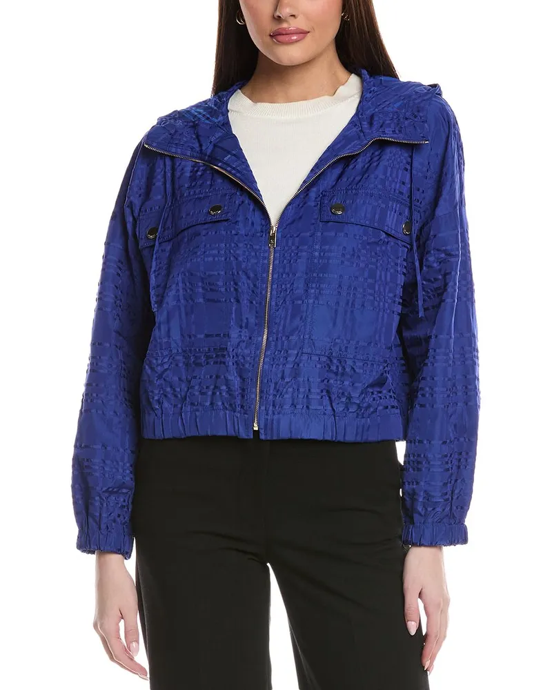 ST. JOHN Broken Plaid Outerwear Jacket W/ Hood & Po Blue
