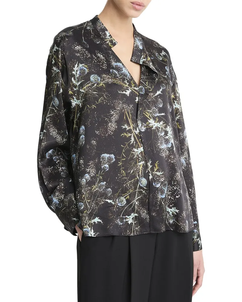 Vince Thistle Draped Collar Silk Blouse Blue
