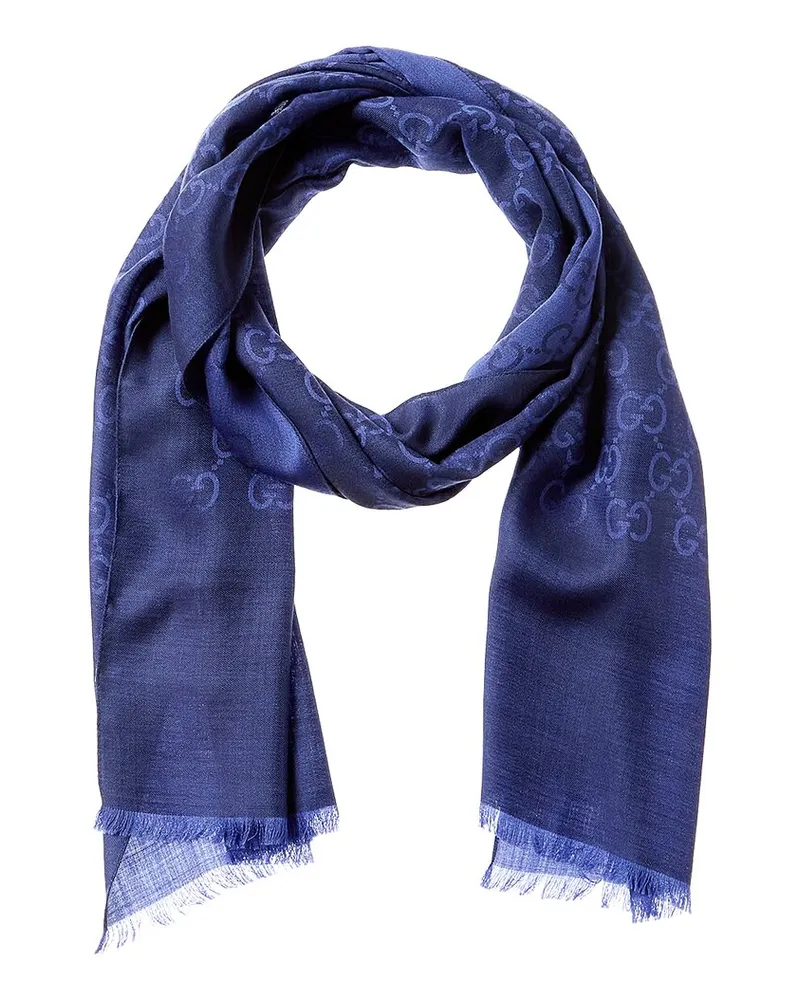 Gucci Logo Small Jacquard Wool & Silk-Blend Scarf Blue