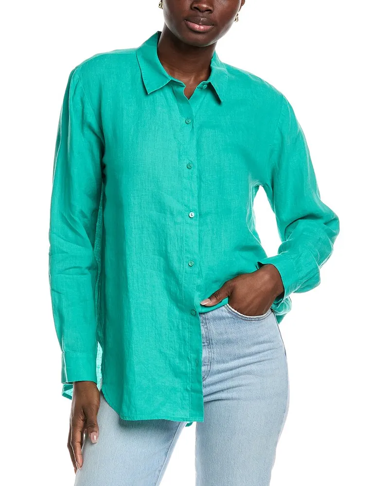 Eileen Fisher Classic Collar Linen Long Shirt Green