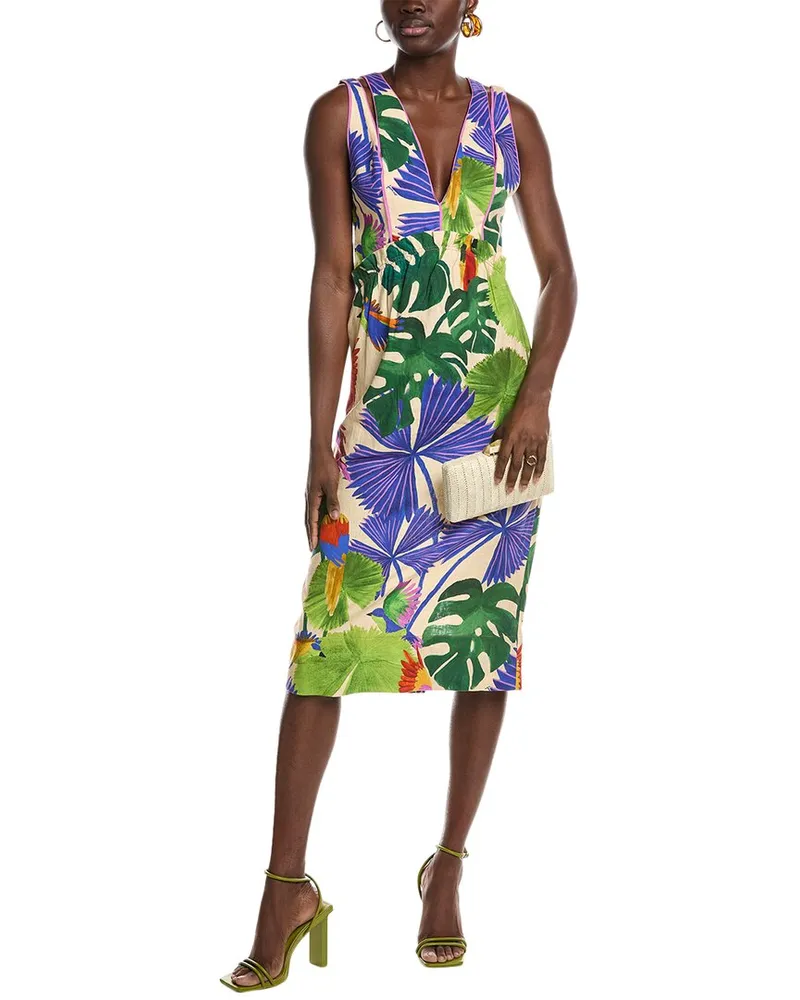 FARM Rio Macaw Jungle Sand Linen Midi Dress Brown