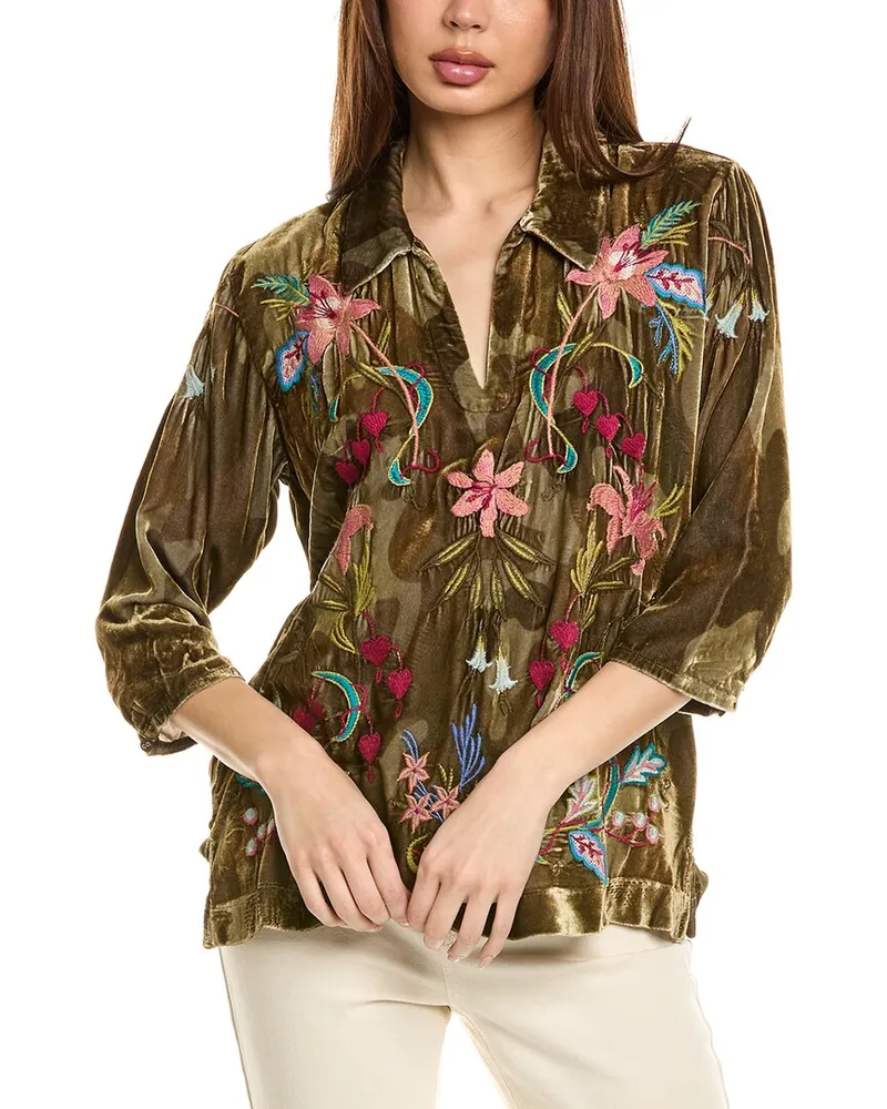 Johnny Was Velvet Pop Over Silk-Blend Shirt Green