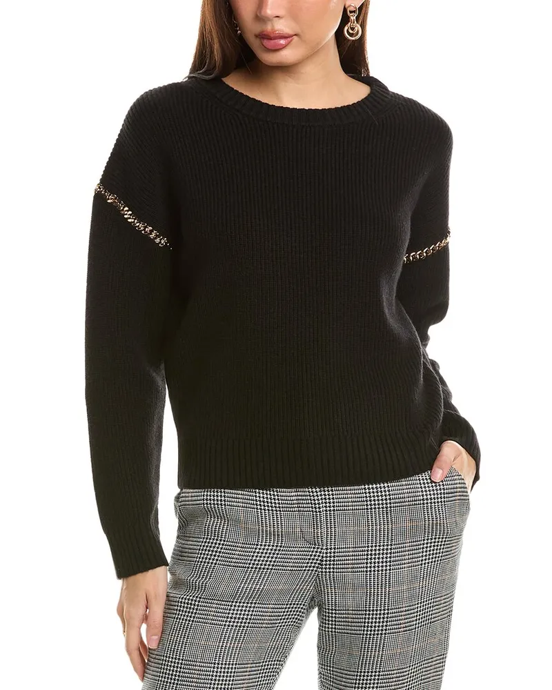 Elie Tahari Drop-Shoulder Chain Wool-Blend Sweater Black