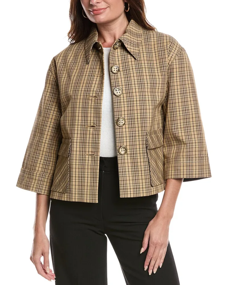 ST. JOHN Technical Plaid Wool-Blend Jacket Beige