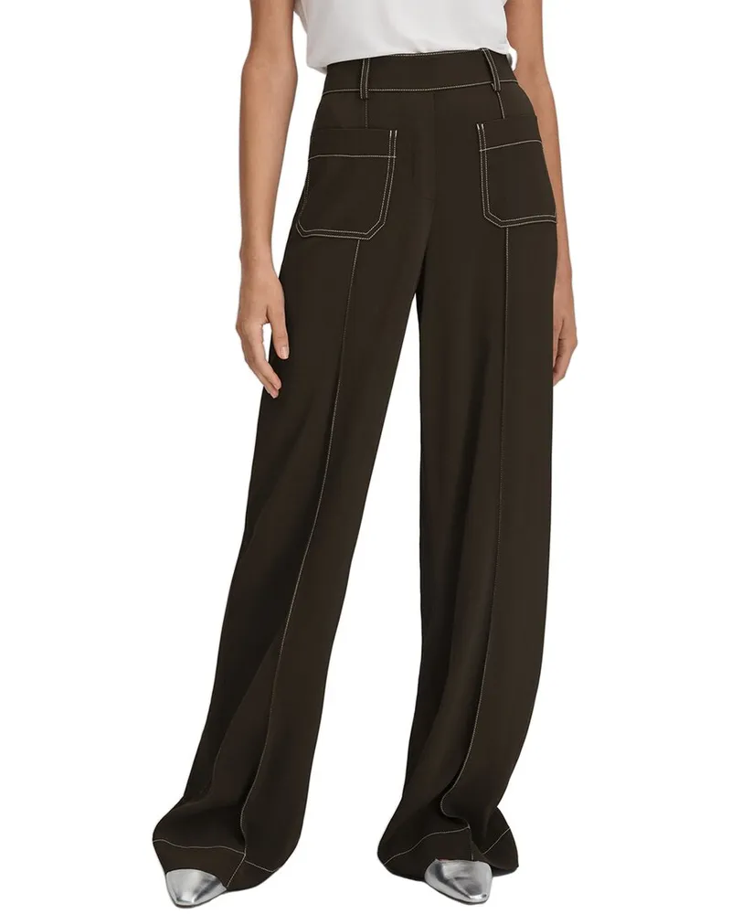 Reiss Kylie Contrast Stitch Detail Wide Leg Trouser Beige