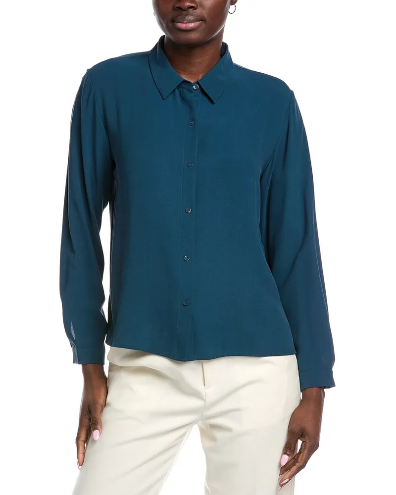 Eileen Fisher Petite Classic Collar Silk Easy Shirt Green